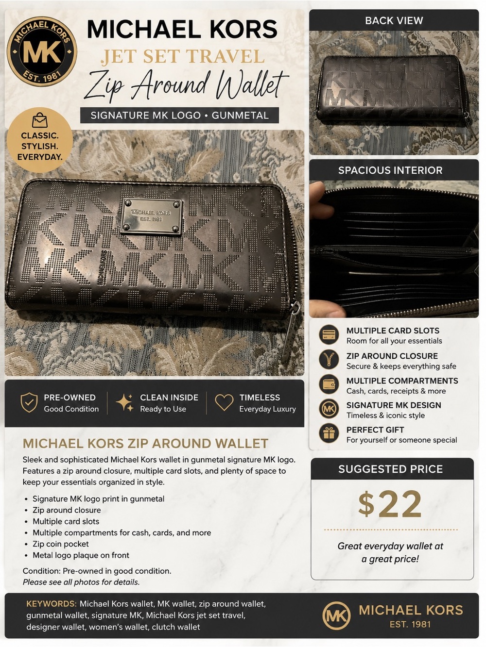 Michael Kors Gunmetal Signature MK Zip-Around Wallet